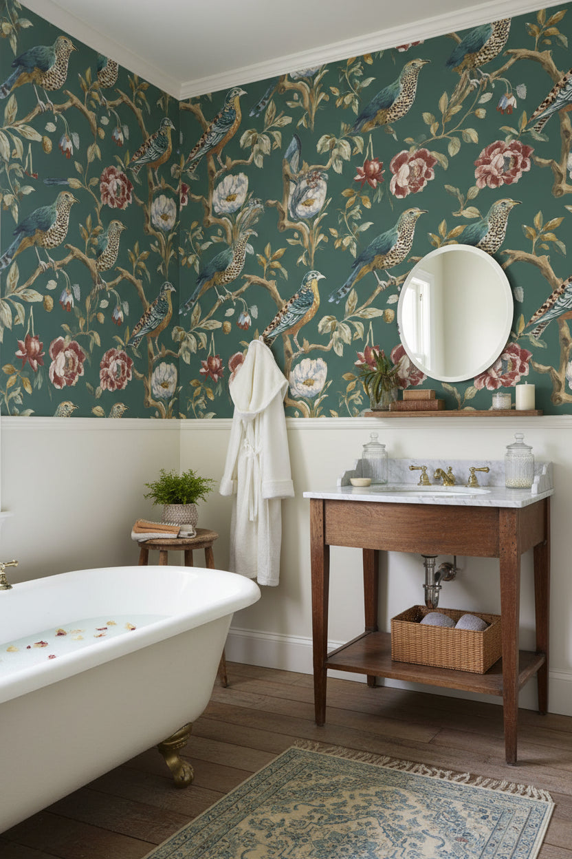 Emerald Green Vintage Bird and Floral Wallpaper