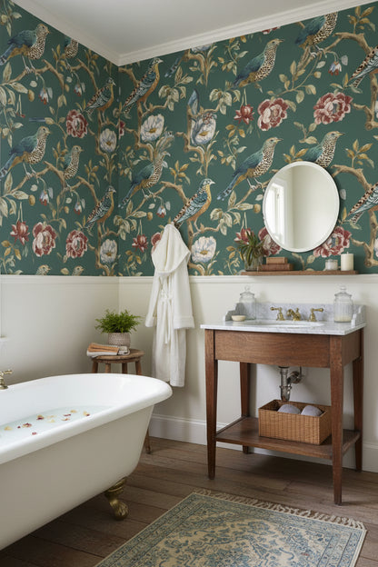 Emerald Green Vintage Bird and Floral Wallpaper