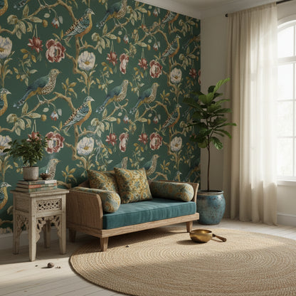 Emerald Green Vintage Bird and Floral Wallpaper