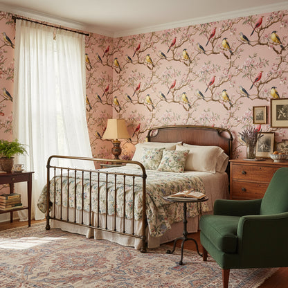Soft Pink Bird and Blossom Traditional Wallpaper