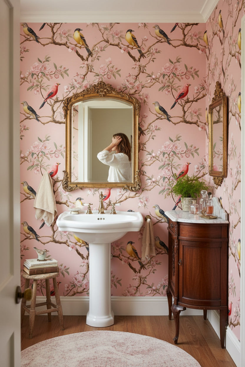 Soft Pink Bird and Blossom Traditional Wallpaper