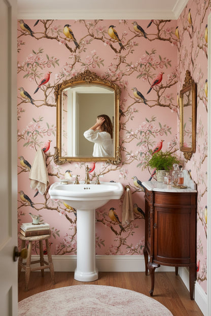 Soft Pink Bird and Blossom Traditional Wallpaper