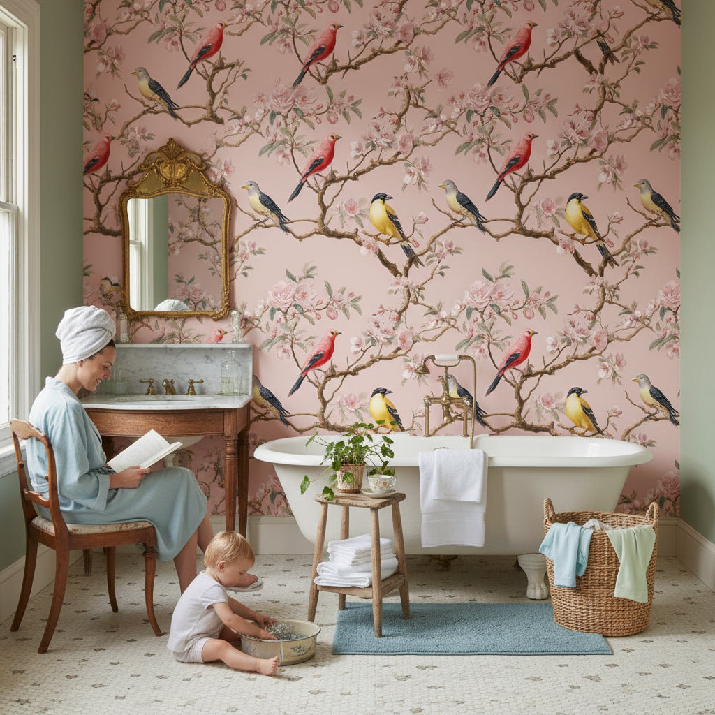 Soft Pink Bird and Blossom Traditional Wallpaper