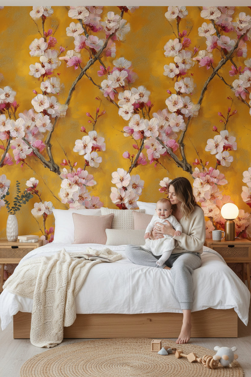 Bright Saffron Cherry Blossom Floral Wallpaper