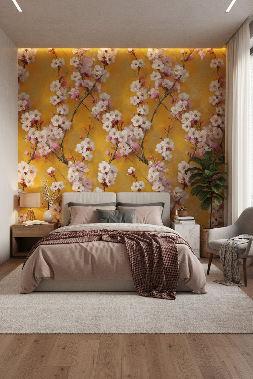 Bright Saffron Cherry Blossom Floral Wallpaper