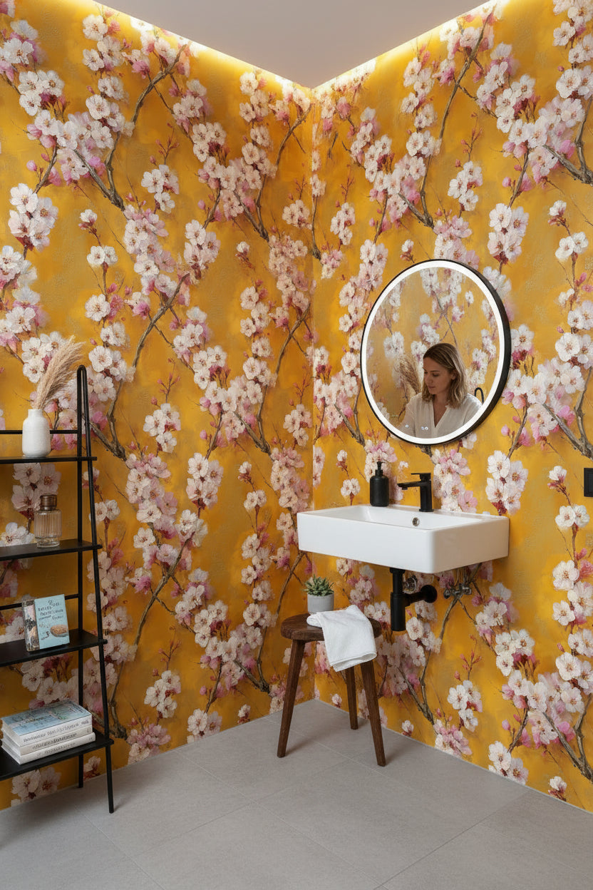 Bright Saffron Cherry Blossom Floral Wallpaper