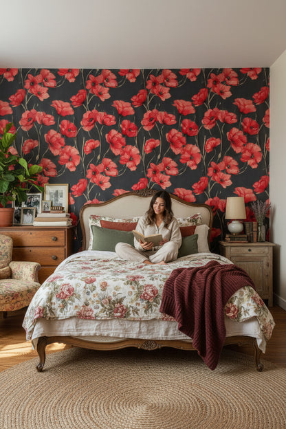 Charcoal Black Red Poppy Floral Wallpaper