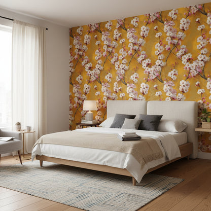 Bright Saffron Cherry Blossom Floral Wallpaper