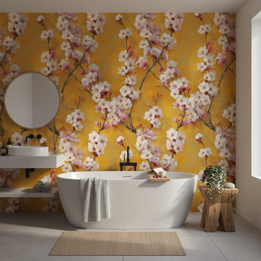 Bright Saffron Cherry Blossom Floral Wallpaper