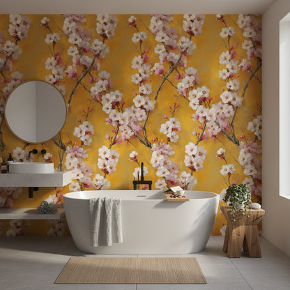 Bright Saffron Cherry Blossom Floral Wallpaper