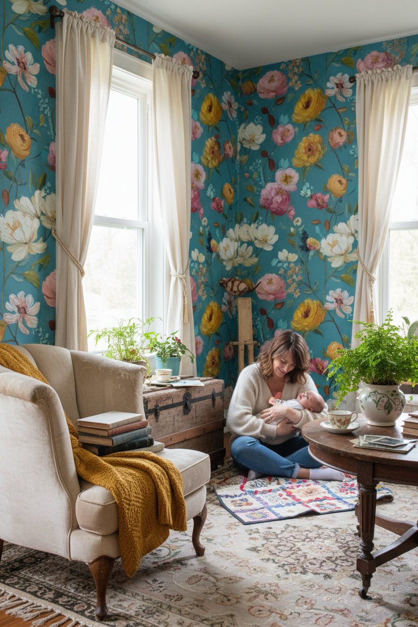 Floral Wallpaper Teal Modern Removable Wall Decor