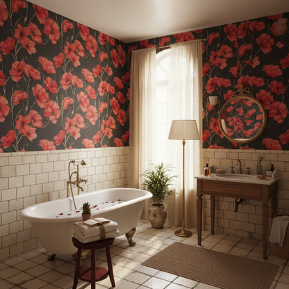 Charcoal Black Red Poppy Floral Wallpaper