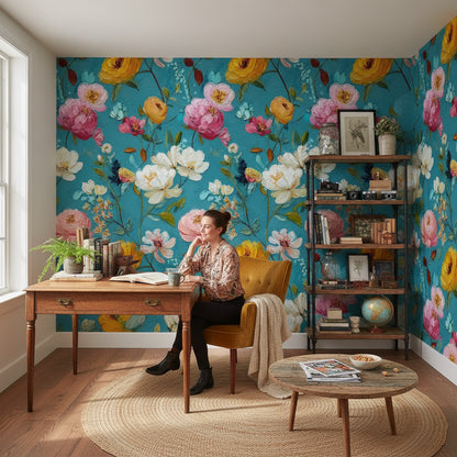 Vibrant Teal Large Floral Bouquet Wallpaper