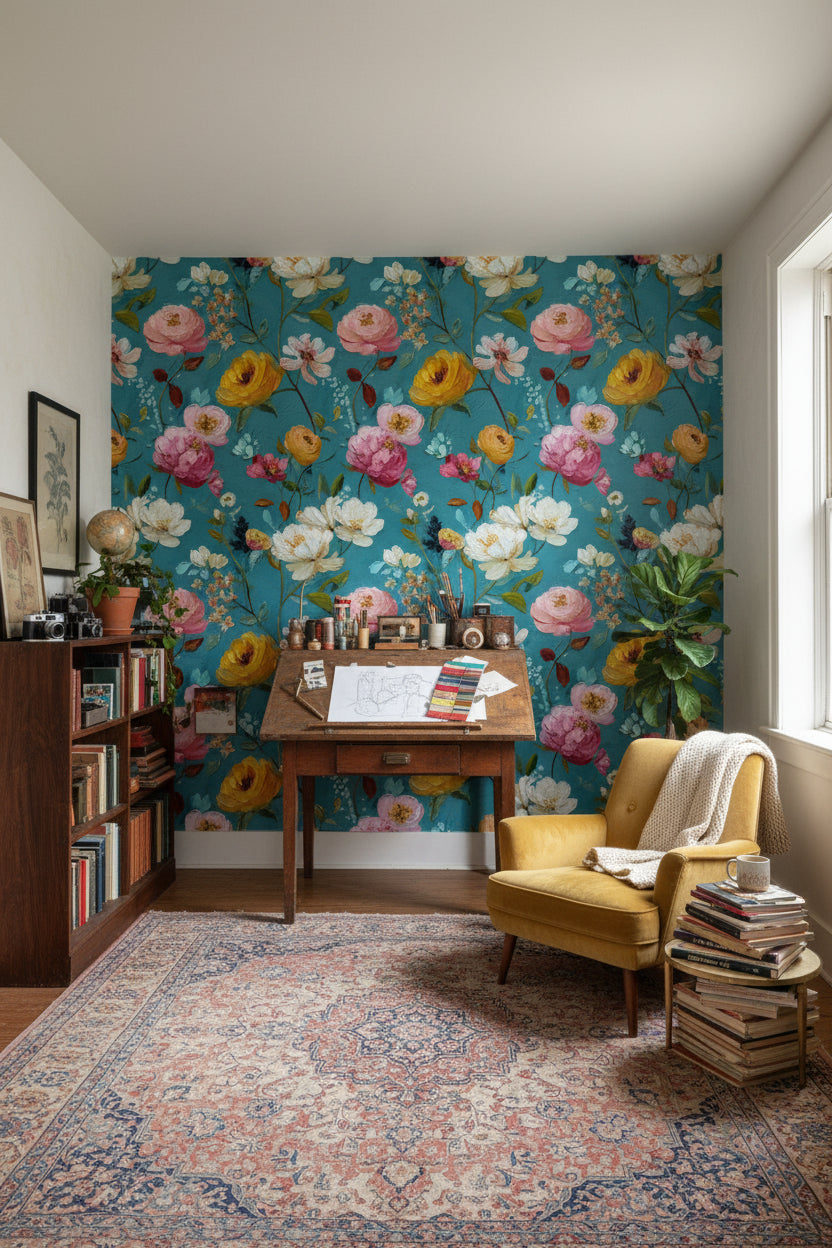 Floral Wallpaper Teal Modern Removable Wall Decor