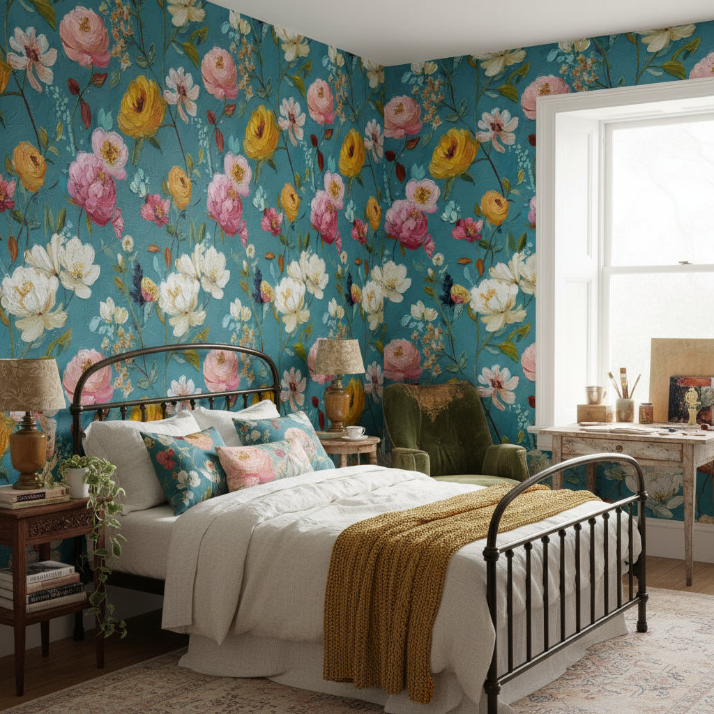 Floral Wallpaper Teal Modern Removable Wall Decor