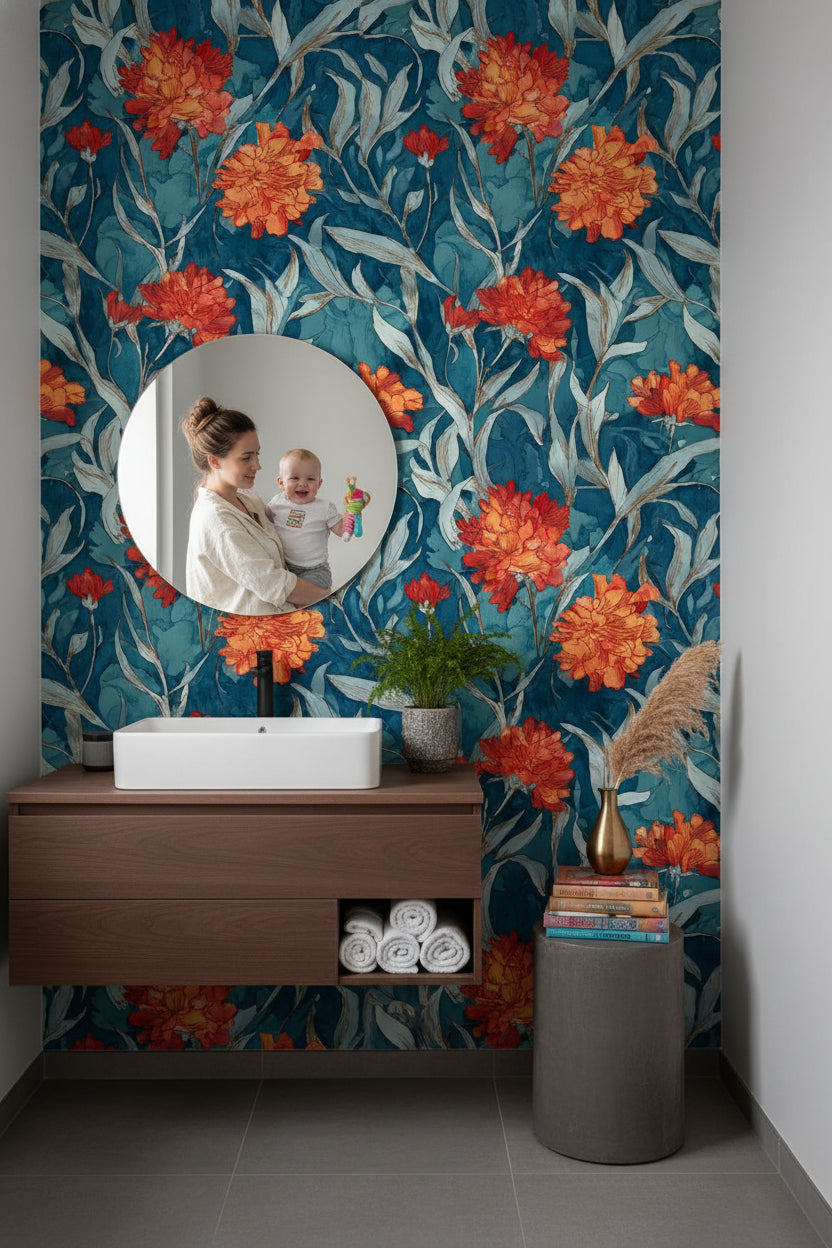 Floral Wallpaper Orange Flowers Blue Background Wall Mural