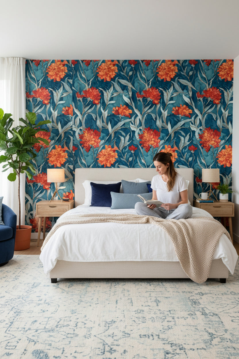 Floral Wallpaper Orange Flowers Blue Background Wall Mural