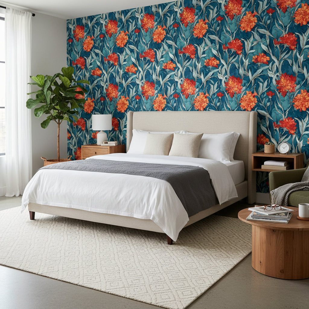 Floral Wallpaper Orange Flowers Blue Background Wall Mural