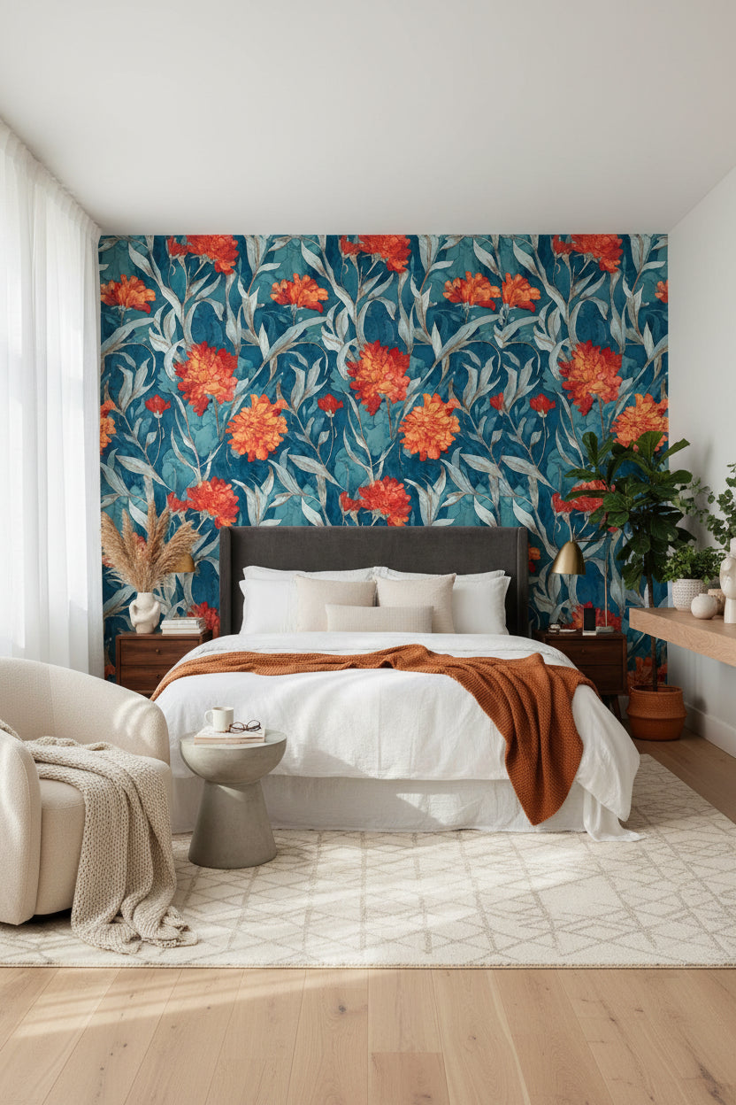 Floral Wallpaper Orange Flowers Blue Background Wall Mural