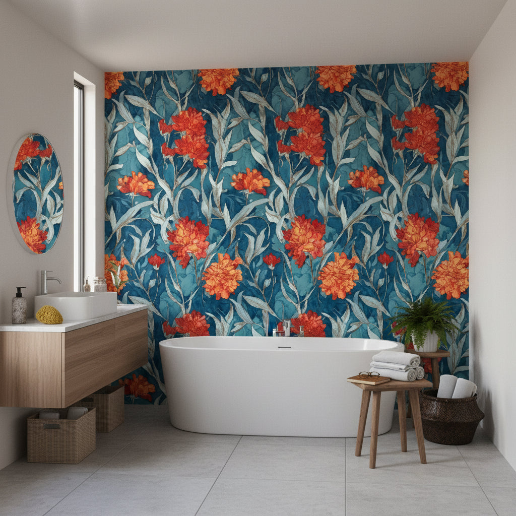 Floral Wallpaper Orange Flowers Blue Background Wall Mural