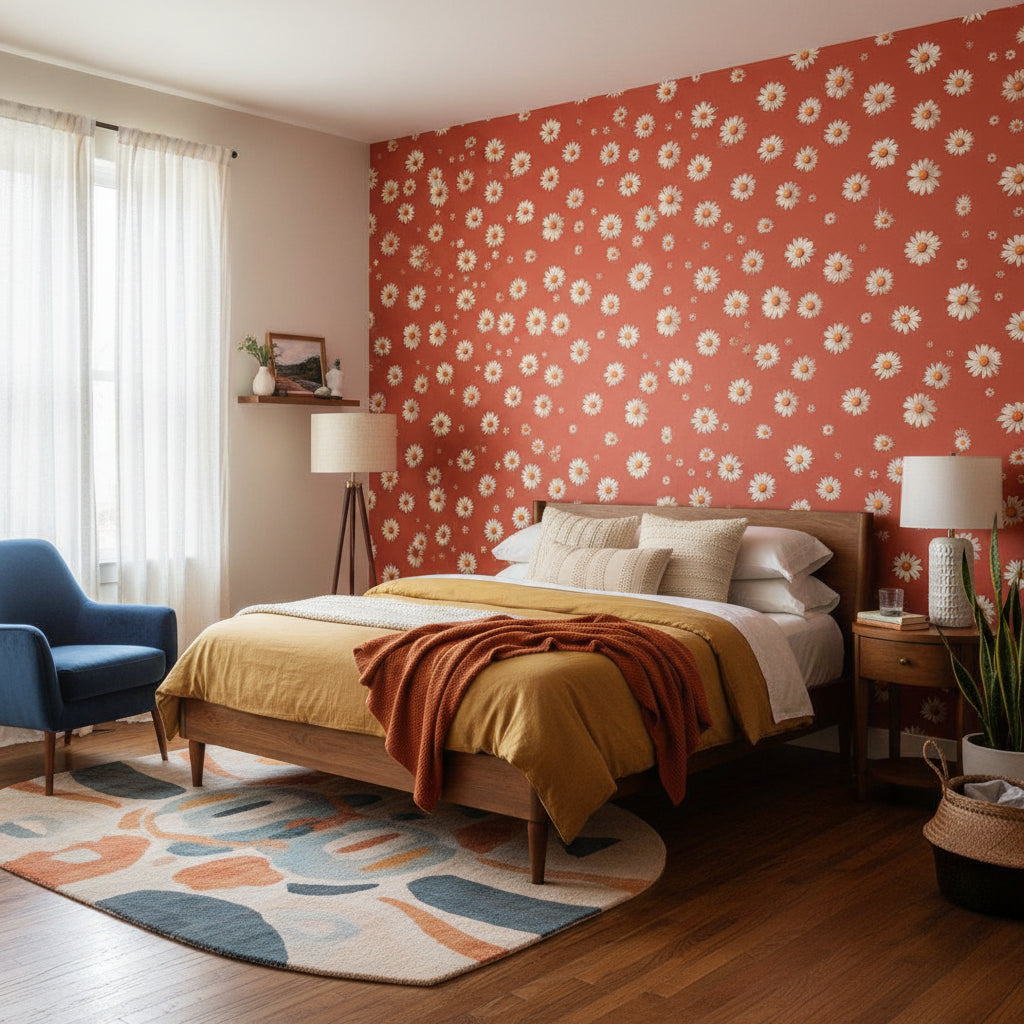 Floral Wallpaper Daisies Red Removable Wall Decor