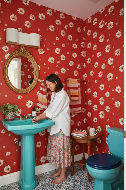 Vibrant Red Daisy Floral Wallpaper