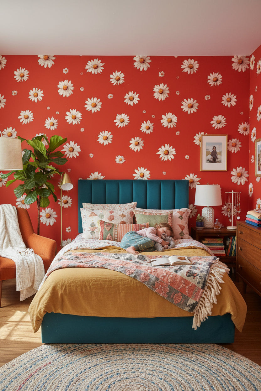 Floral Wallpaper Daisies Red Removable Wall Decor