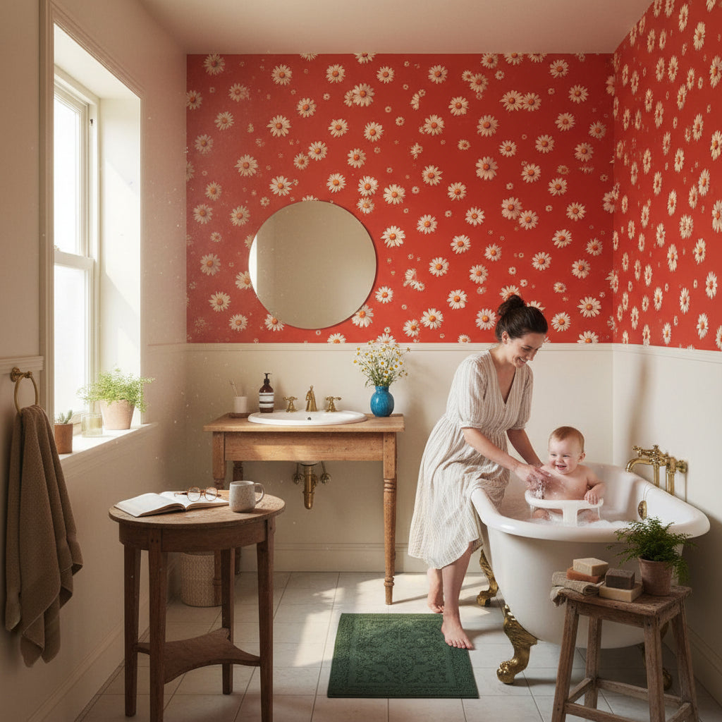 Vibrant Red Daisy Floral Wallpaper