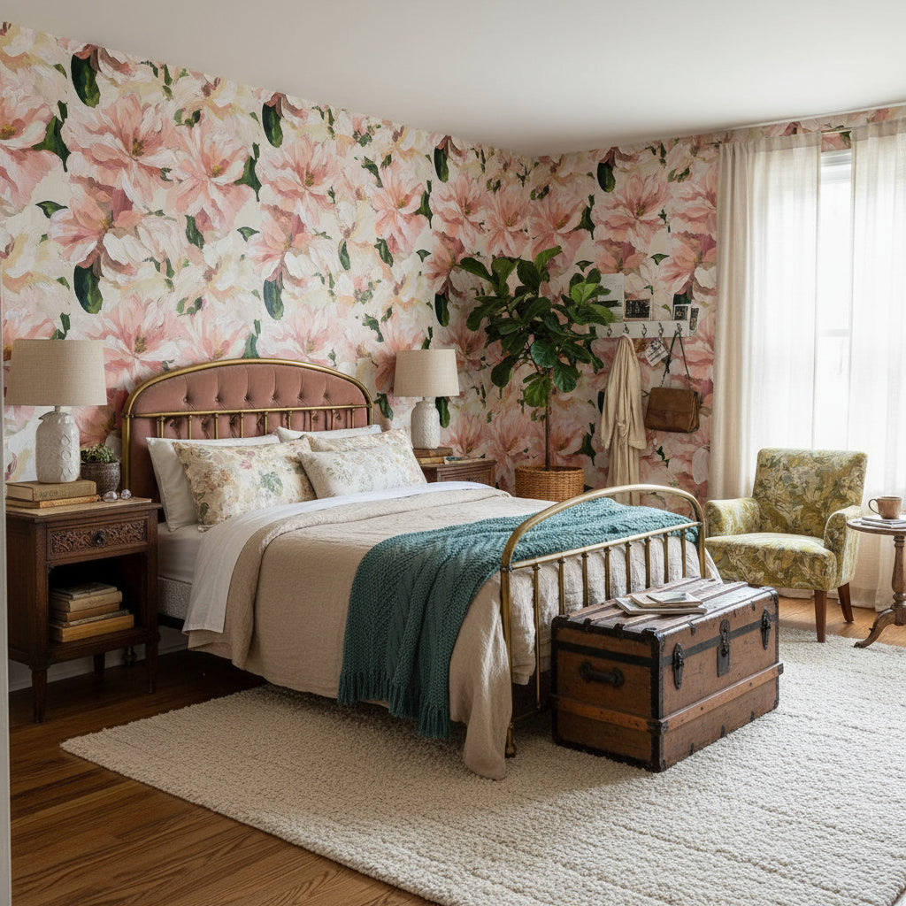 Soft Pink and Cream Vintage Floral Wallpaper
