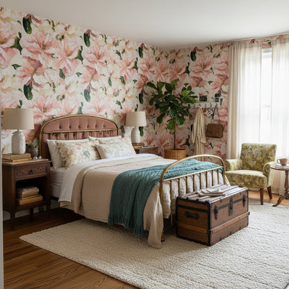 Soft Pink and Cream Vintage Floral Wallpaper
