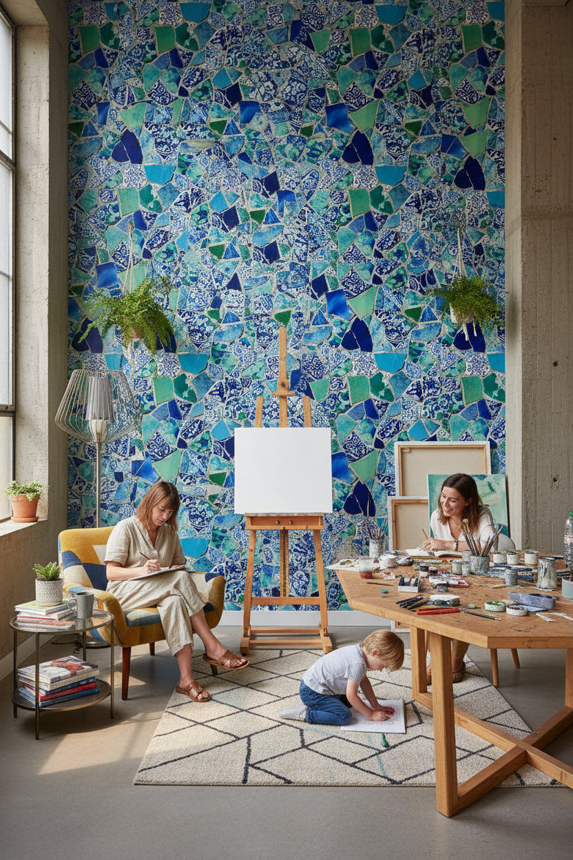 Mosaic Wallpaper Ceramic Mural Blue Wall Decor