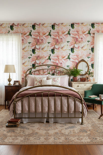 Soft Pink and Cream Vintage Floral Wallpaper
