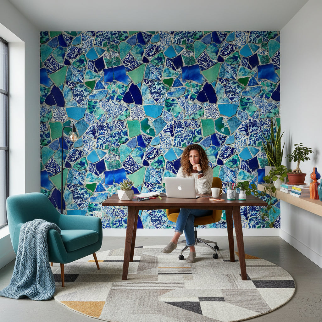 Mosaic Wallpaper Ceramic Mural Blue Wall Decor