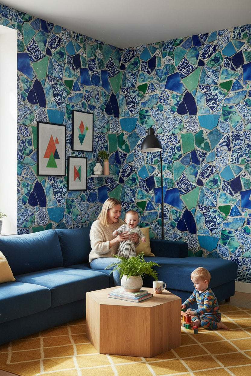 Mosaic Wallpaper Ceramic Mural Blue Wall Decor