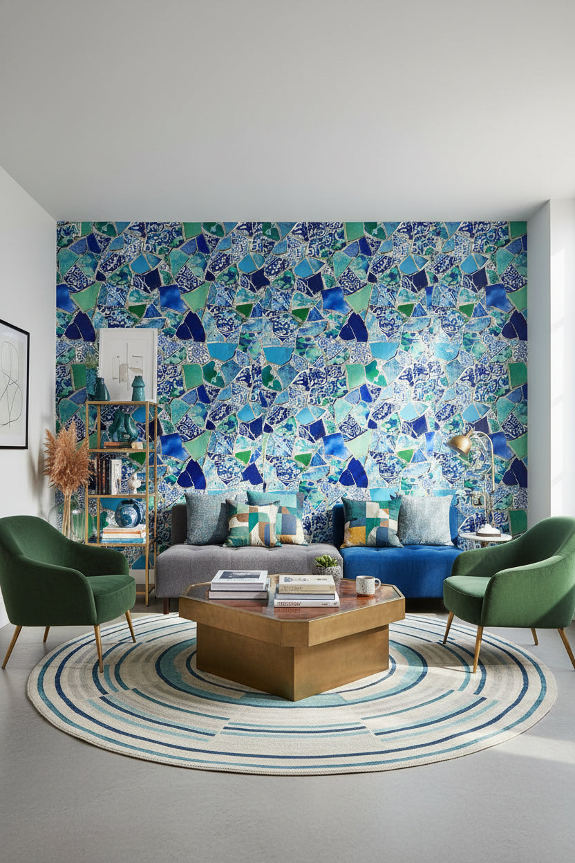 Mosaic Wallpaper Ceramic Mural Blue Wall Decor