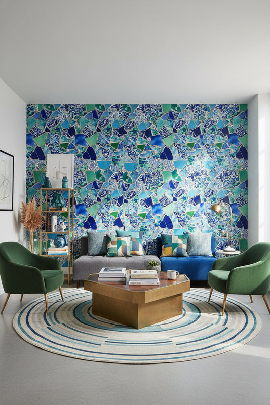 Mosaic Wallpaper Ceramic Mural Blue Wall Decor