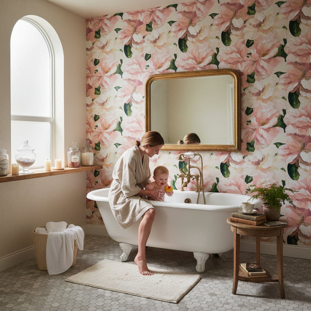 Soft Pink and Cream Vintage Floral Wallpaper