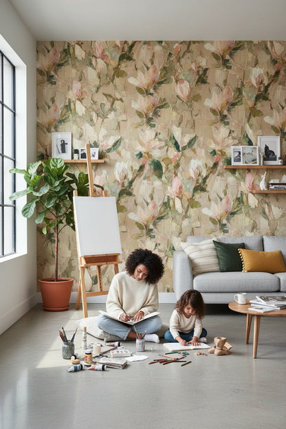 Beige and Pink Floral Watercolor Wallpaper