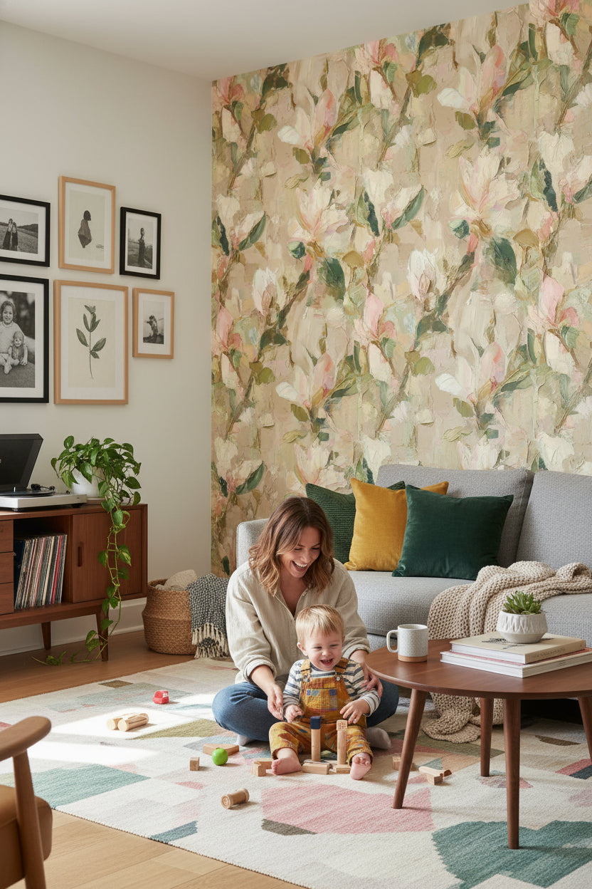 Beige and Pink Floral Watercolor Wallpaper