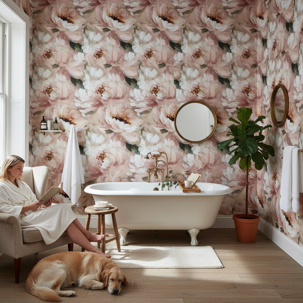 Cream and Blush Peony Floral Wallpaper