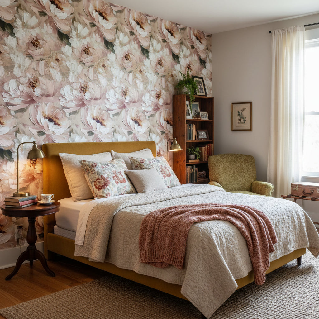 Cream and Blush Peony Floral Wallpaper