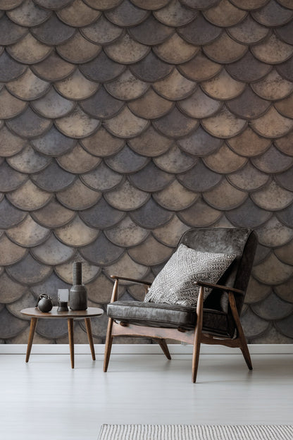 Taupe and Gray Scallop Pattern Wallpaper