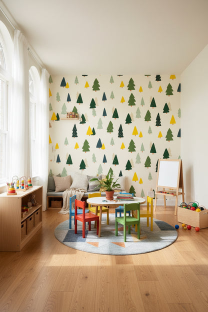 Cream and Green Playful Tree Pattern Wallpaper