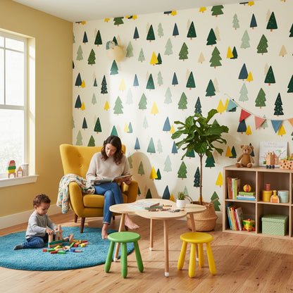 Cream and Green Playful Tree Pattern Wallpaper