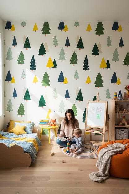 Cream and Green Playful Tree Pattern Wallpaper