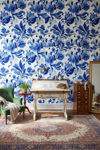 Cobalt Blue Tulip Floral Wallpaper