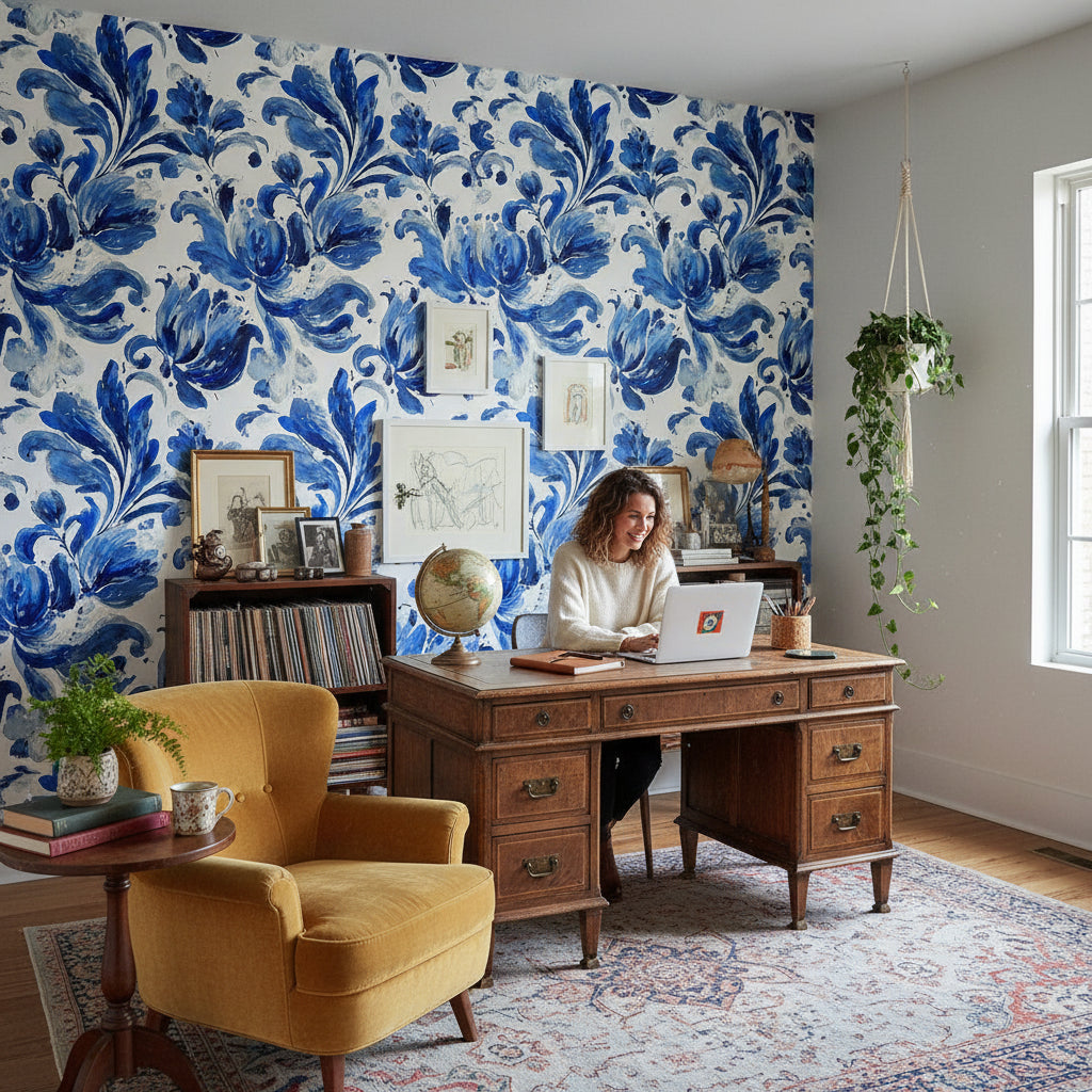 Cobalt Blue Tulip Floral Wallpaper