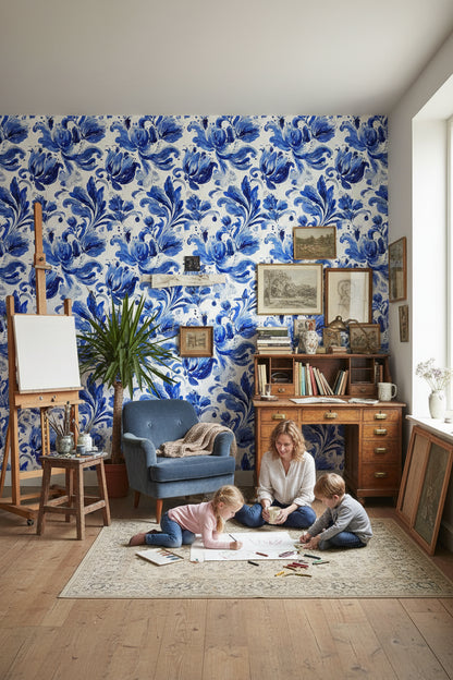 Cobalt Blue Tulip Floral Wallpaper