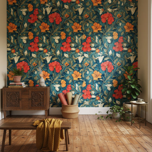 Botanical Wallpaper Teal Vintage Decorative Mural