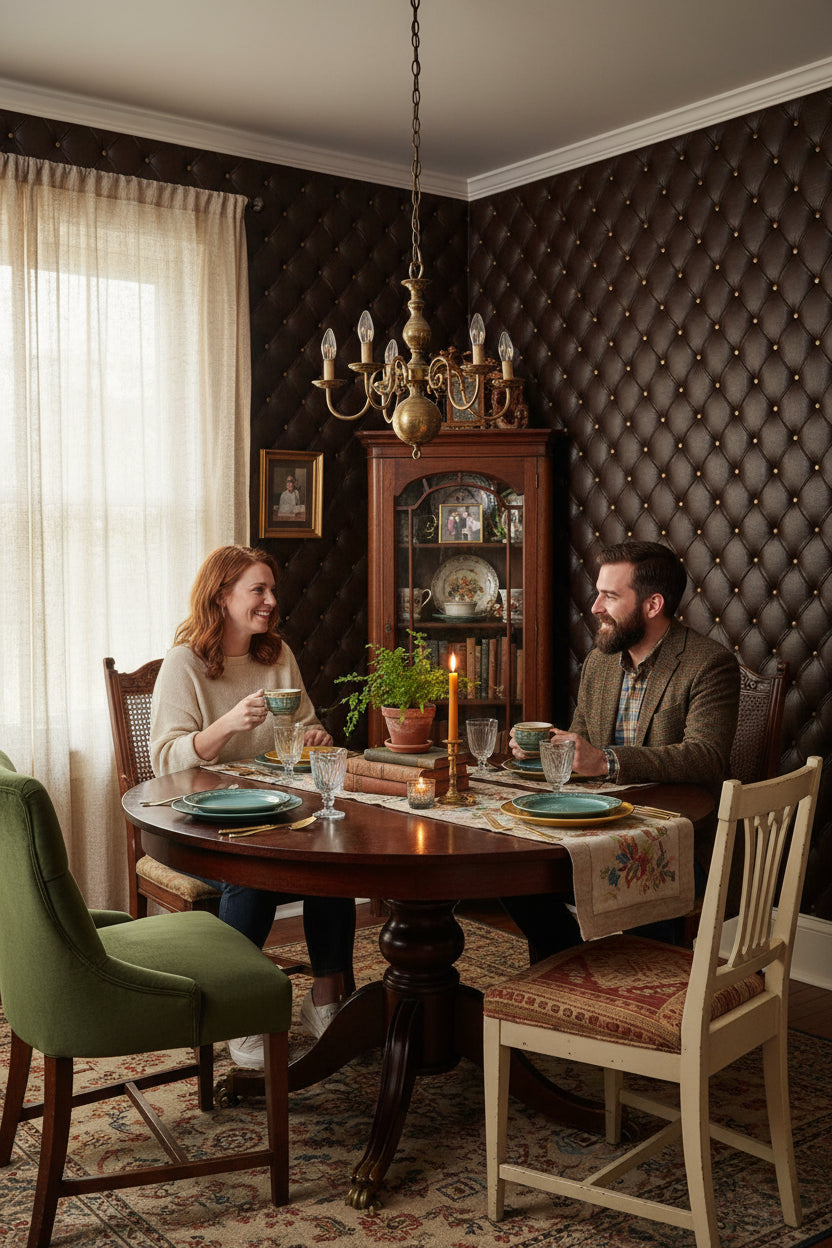 Tufted Leather Wallpaper Brown Geometric Wall Mural